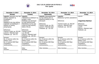 DAILY LOG OF LESSON PLAN IN MTB-MLE 2
Third Quarter
December 8, 2014 December 9, 2014 December 10, 2014 December 11, 2014 ...