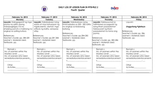 DAILY LOG OF LESSON PLAN IN MTB-MLE 2
Fourth Quarter
February 16, 2015 February 17, 2015 February 18, 2015 February 19, 20...