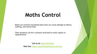 Moths Control
• Moths are common household pests that can cause damage to fabrics,
clothing, and stored food.
• Their presence can be a nuisance and lead to costly repairs or
replacements.
Call Us At: (03) 87972540
Web Site: https://specificpestcontrol.com.au/
 
