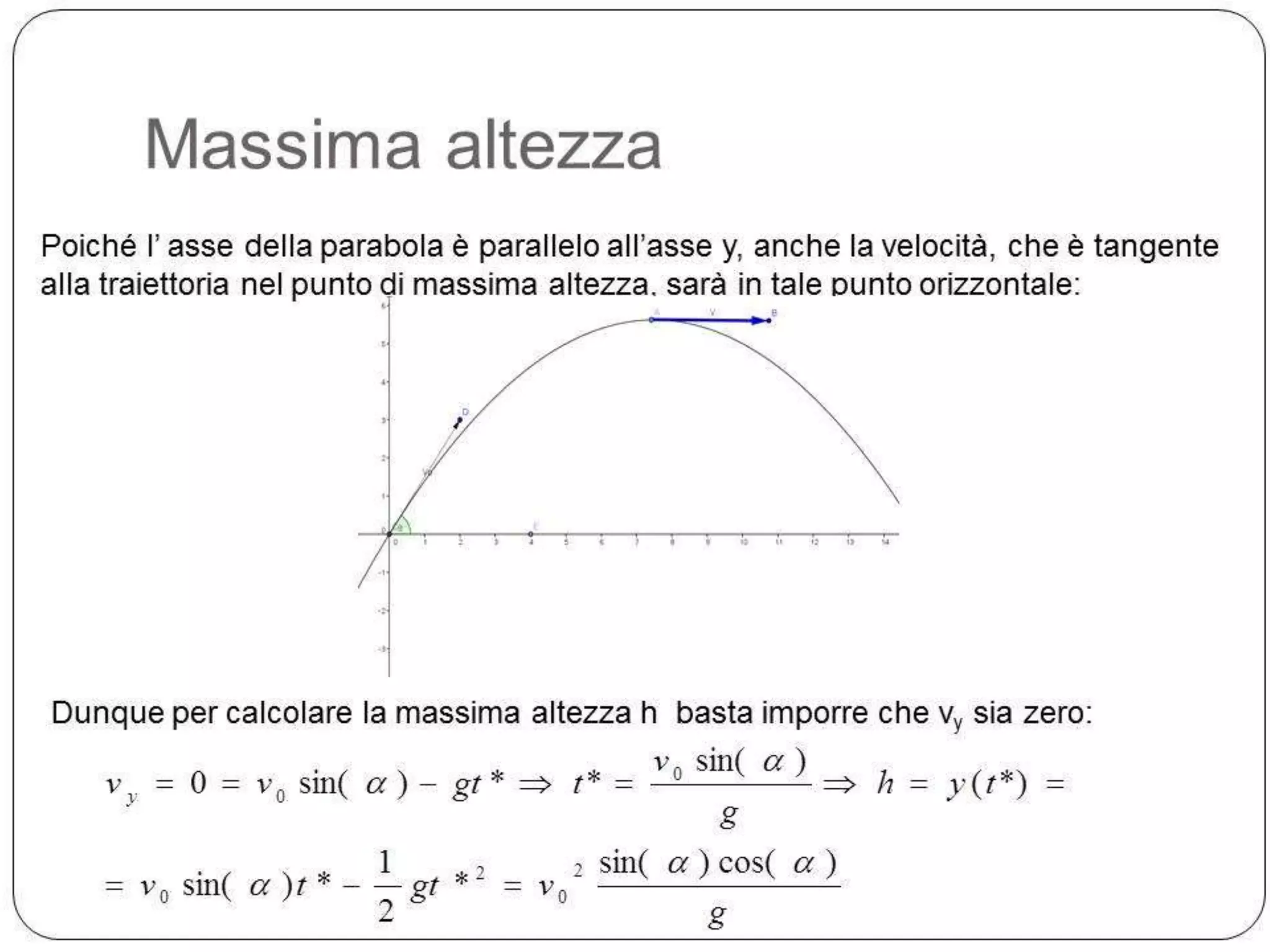 Massima altezza
Poiché l’ asse della parabola è parallelo all’asse y, anche la velocità, che è tangente
alla traiettoria nel punto di massima altezza, sarà in tale punto orizzontale:

Dunque per calcolare la massima altezza h basta imporre che vy sia zero:

vy

0

v0 sin( )

v0 sin( )t *

gt*

1
gt *2
2

v0 sin( )
g
sin( ) cos( )
g

t*
v0

2

h

y (t*)

 