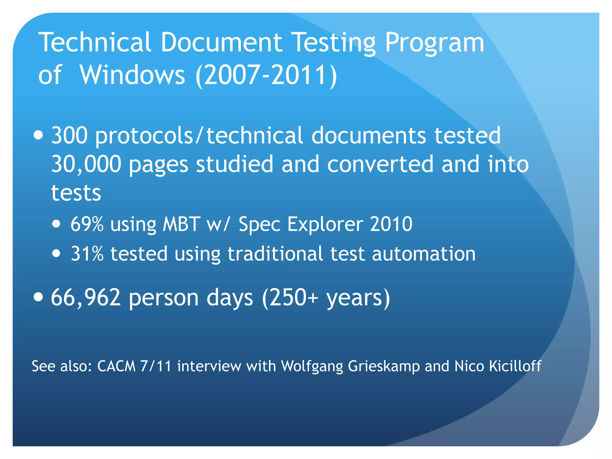 Technical Document Testing Program
of Windows (2007-2011)

 300 protocols/technical documents tested
  30,000 pages studied and converted and into
  tests
   69% using MBT w/ Spec Explorer 2010
   31% tested using traditional test automation

 66,962 person days (250+ years)

See also: CACM 7/11 interview with Wolfgang Grieskamp and Nico Kicilloff
 