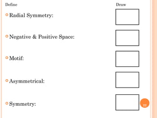22
 Radial Symmetry:
 Negative & Positive Space:
 Motif:
 Asymmetrical:
 Symmetry:
Define Draw
 