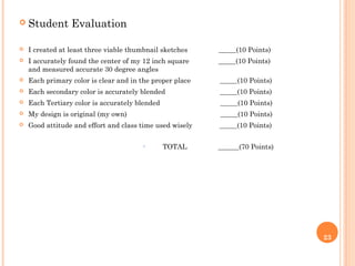 23
 Student Evaluation
 I created at least three viable thumbnail sketches _____(10 Points)
 I accurately found the center of my 12 inch square _____(10 Points)
and measured accurate 30 degree angles
 Each primary color is clear and in the proper place _____(10 Points)
 Each secondary color is accurately blended _____(10 Points)
 Each Tertiary color is accurately blended _____(10 Points)
 My design is original (my own) _____(10 Points)
 Good attitude and effort and class time used wisely _____(10 Points)
• TOTAL ______(70 Points)
 