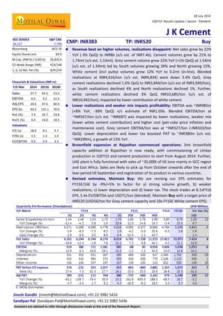 28 July 2014
1QFY15 Results Update | Sector: Cement
J K Cement
Jinesh Gandhi (Jinesh@MotilalOswal.com); +91 22 3982 5416
Sandipan Pal (Sandipan.Pal@MotilalOswal.com); +91 22 3982 5436
BSE SENSEX S&P CNX
CMP: INR383 TP: INR520 Buy26,127 7,790
Bloomberg JKCE IN
Equity Shares (m) 69.9
M.Cap. (INR b) / (USD b) 26.8/0.4
52-Week Range (INR) 419/148
1, 6, 12 Rel. Per (%) -8/91/54
Financials & Valuations (INR m)
Y/E Mar 2014 2015E 2016E
Sales 37.7 45.5 53.3
EBITDA 6.0 9.2 12.3
Adj EPS 20.6 47.6 80.9
EPS Gr. 92.2 131.1 70.0
RoE (%) 7.9 16.7 23.8
RoCE (%) 9.0 14.0 18.5
Valuations
P/E (x) 18.6 8.1 4.7
P/BV (x) 1.5 1.3 1.0
EV/EBITDA 9.0 5.4 3.3
 Revenue beat on higher volumes, realizations disappoint: Net sales grew by 22%
YoY (-3% QoQ) to INR8b (v/s est. of INR7.4b). Cement volumes grew by 21% to
1.74mt (v/s est. 1.53mt). Grey cement volume grew 22% YoY (+1% QoQ) at 1.54mt
(v/s est. of 1.34mt) led by South volumes growing 39% and North growing 15%.
White cement (incl putty) volumes grew 12% YoY to 0.2mt (in-line). Blended
realizations at INR4,616/ton (v/s est. INR4,834) were down 3.4% QoQ. Grey
cement realizations declined 1.6% QoQ to INR3,844/ton (v/s est of INR3,949/ton),
as South realizations declined 4% and North realizations declined 1%. Further,
white cement realizations declined 3% QoQ INR10,685/ton (v/s est. of
INR10,942/ton), impacted by lower contribution of white cement.
 Lower realizations and weaker mix impacts profitability: EBITDA was ~INR985m
(+8% YoY, -38% QoQ) v/s estimate of INR1.05b. Blended EBITDA/ton at
~INR567/ton (v/s est. ~INR687) was impacted by lower realizations, weaker mix
(lower white cement contribution) and higher cost (pet-coke price inflation and
maintenance cost). Grey cement EBITDA/ton was at ~INR327/ton (-INR333/ton
QoQ). Lower depreciation and lower tax boosted PAT to ~INR380m (v/s est.
~INR299m), a growth of 23% YoY.
 Brownfield expansion at Rajasthan commenced operations: 3mt brownfield
capacity addition at Rajasthan is now ready, with commissioning of clinker
production in 1QFY15 and cement production to start from August 2014. Further,
UAE plant is fully functional with sales of ~35,000t of till June mainly in GCC region
and East Africa. Sales are likely to pick up from October onwards after the end of
lean period till September and registration of its product in various countries.
 Revised estimates, Maintain Buy: We are revising our EPS estimates for
FY15E/16E by -9%/+5% to factor for a) strong volume growth, b) weaker
realizations, c) lower depreciation and d) lower tax. The stock trades at 8.1xFY16
EPS, 5.4x EV/EBITDA and USD71/ton (blended). Maintain Buy with a target price of
INR520 (USD56/ton for Grey cement capacity and 10x FY16E White cement EPS).
Investors are advised to refer through disclosures made at the end of the Research Report.
 