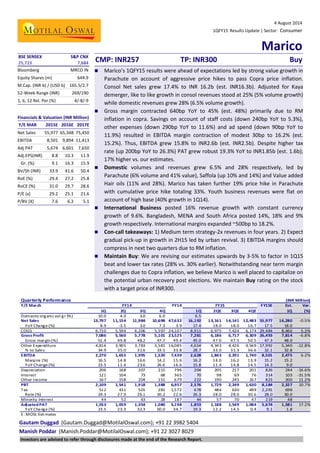 4 August 2014
1QFY15 Results Update | Sector: Consumer
Marico
Gautam Duggad (Gautam.Duggad@MotilalOswal.com); +91 22 3982 5404
Manish Poddar (Manish.Poddar@MotilalOswal.com); +91 22 3027 8029
BSE SENSEX S&P CNX
CMP: INR257 TP: INR300 Buy25,723 7,684
Bloomberg MRCO IN
Equity Shares (m) 644.9
M.Cap. (INR b) / (USD b) 165.5/2.7
52-Week Range (INR) 269/190
1, 6, 12 Rel. Per (%) 4/-8/-9
Financials & Valuation (INR Million)
Y/E MAR 2015E 2016E 2017E
Net Sales 55,977 65,348 75,450
EBITDA 8,501 9,894 11,413
Adj PAT 5,674 6,601 7,650
Adj.EPS(INR) 8.8 10.3 11.9
Gr. (%) 9.1 16.3 15.9
BV/Sh (INR) 33.9 41.6 50.4
RoE (%) 29.4 27.2 25.8
RoCE (%) 31.0 29.7 28.6
P/E (x) 29.2 25.1 21.6
P/BV (X) 7.6 6.2 5.1
 Marico’s 1QFY15 results were ahead of expectations led by strong value growth in
Parachute on account of aggressive price hikes to pass Copra price inflation.
Consol Net sales grew 17.4% to INR 16.2b (est. INR16.3b). Adjusted for Kaya
demerger, like to like growth in consol revenues stood at 25% (5% volume growth)
while domestic revenues grew 28% (6.5% volume growth).
 Gross margin contracted 640bp YoY to 45% (est. 48%) primarily due to RM
inflation in copra. Savings on account of staff costs (down 240bp YoY to 5.3%),
other expenses (down 290bp YoY to 11.6%) and ad spend (down 90bp YoY to
11.9%) resulted in EBITDA margin contraction of modest 30bp to 16.2% (est.
15.2%). Thus, EBITDA grew 15.8% to INR2.6b (est. INR2.5b). Despite higher tax
rate (up 200bp YoY to 26.3%) PAT grew robust 19.3% YoY to INR1.85b (est. 1.6b);
17% higher vs. our estimates.
 Domestic volumes and revenues grew 6.5% and 28% respectively, led by
Parachute (6% volume and 41% value), Saffola (up 10% and 14%) and Value added
Hair oils (11% and 28%). Marico has taken further 19% price hike in Parachute
with cumulative price hike totaling 33%. Youth business revenues were flat on
account of high base (40% growth in 1Q14).
 International Business posted 16% revenue growth with constant currency
growth of 9.6%. Bangladesh, MENA and South Africa posted 14%, 18% and 9%
growth respectively. International margins expanded ~500bp to 18.2%.
 Con-call takeaways: 1) Medium term strategy-2x revenues in four years. 2) Expect
gradual pick-up in growth in 2H15 led by urban revival. 3) EBITDA margins should
compress in next two quarters due to RM inflation.
 Maintain Buy: We are revising our estimates upwards by 3-5% to factor in 1Q15
beat and lower tax rates (28% vs. 30% earlier). Notwithstanding near term margin
challenges due to Copra inflation, we believe Marico is well placed to capitalize on
the potential urban recovery post elections. We maintain Buy rating on the stock
with a target price of INR300.
Quarterly Performance
Y/E March FY14 FY15E Est. Var.
1Q 2Q 3Q 4Q 1Q 2QE 3QE 4QE 1Q (%)
Domesticorganicvol gr (%) 10.0 4.0 3.0 6.0 6.5
Net Sales 13,797 11,154 11,984 10,698 47,632 16,192 13,161 14,141 12,483 55,977 16,280 -0.5%
YoY Change (%) 8.9 -3.5 3.0 7.3 3.9 17.4 18.0 18.0 16.7 17.5 18.0
COGS 6,710 5,594 6,206 5,597 24,107 8,911 6,975 7,424 6,174 29,484 8,466 5.3%
Gross Profit 7,086 5,560 5,778 5,101 23,525 7,281 6,186 6,717 6,309 26,493 7,814 -6.8%
Gross margin (%) 51.4 49.8 48.2 47.7 49.4 45.0 47.0 47.5 50.5 47.3 48.0
Other Expenditure 4,816 3,905 3,783 3,581 16,085 4,654 4,343 4,426 4,569 17,992 5,340 -12.8%
% to Sales 34.9 35.0 31.6 33.5 33.8 28.7 33.0 31.3 36.6 32.1 32.8
EBITDA 2,270 1,655 1,995 1,520 7,439 2,628 1,843 2,291 1,740 8,501 2,475 6.2%
Margins (%) 16.5 14.8 16.6 14.2 15.6 16.2 14.0 16.2 13.9 15.2 15.2
YoY Change (%) 23.5 11.4 23.6 26.6 16.6 15.8 11.4 14.8 14.5 14.3 9.0
Depreciation 206 168 207 215 796 204 205 217 201 826 244 -16.6%
Interest 121 104 73 68 365 70 98 69 76 314 103 -31.5%
Other Income 167 158 204 151 679 222 190 245 167 823 200 11.2%
PBT 2,109 1,541 1,918 1,388 6,957 2,576 1,729 2,249 1,630 8,184 2,327 10.7%
Tax 512 431 501 281 1,572 678 484 630 499 2,291 698
Rate (%) 24.3 27.9 26.1 20.2 22.6 26.3 28.0 28.0 30.6 28.0 30.0
Minority Interest 44 52 63 28 187 44 57 70 47 219 48
AdjustedPAT 1,553 1,059 1,354 1,080 5,198 1,853 1,188 1,549 1,084 5,674 1,581 17.2%
YoY Change (%) 23.5 23.3 32.3 50.0 34.7 19.3 12.2 14.5 0.4 9.1 1.8
E: MOSL Estimates
(INR Million)
FY15FY14
Investors are advised to refer through disclosures made at the end of the Research Report.
 