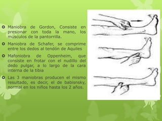  Maniobra de Gordon, Consiste en
presionar con toda la mano, los
músculos de la pantorrilla.
 Maniobra de Schafer, se comprime
entre los dedos al tendón de Aquiles
 Mafoniobra de Oppenheim, que
consiste en frotar con el nudillo del
dedo pulgar, a lo largo de la cara
interna de la tibia
 Las 3 maniobras producen el mismo
resultado, es decir, el de babisnsky,
normal en los niños hasta los 2 años.
 