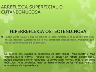 ARREFLEXIA SUPERFICIAL O
CUTANEOMUCOSA
 Puede verse siempre que se lesione el arco inferior o el superior. Por eso,
en las lesiones superiores de la vía piramidal desaparecen, mientras que
los osteotendinosos se exacerban.
HIPERREFLEXIA OSTEOTENDINOSA
• Se califica así, cuando la respuesta es más rápida, más fuerte y más
extensa que lo normal. Alguna vez, al buscar un reflejo determinado,
puede obtenerse como respuesta la contracción normal, más la de otros
músculos no estimulados, esto se llama difusión de los reflejos, y es un
equivalente de hiperreflexia.
 