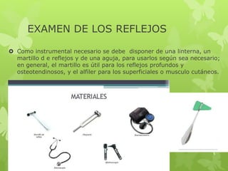 EXAMEN DE LOS REFLEJOS
 Como instrumental necesario se debe disponer de una linterna, un
martillo d e reflejos y de una aguja, para usarlos según sea necesario;
en general, el martillo es útil para los reflejos profundos y
osteotendinosos, y el alfiler para los superficiales o musculo cutáneos.
 