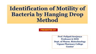 Identification of Motility of
Bacteria by Hanging Drop
Method
Prof. Pulipati Sowjanya
Professor & HOD
Dept. of Pharm. Biotechnology
Vignan Pharmacy College
Guntur
PRESENTED BY
 