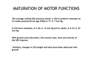 MATURATION OF MOTOR FUNCTIONS
The average resting UES pressure (mean ± SD) in preterm neonates at
33 weeks postmenstrual a...