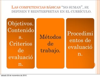 LAS COMPETENCIAS BÁSICAS “NO SUMAN”, SE
DEFINEN Y REINTERPRETAN EN EL CURRÍCULO.
Objetivos.
Contenido
s.
Criterios
de
evaluació
n.
Métodos
de
trabajo.
Procedimi
entos de
evaluació
n.
sábado 20 de noviembre de 2010
 