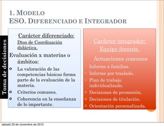 1. MODELO
ESO. DIFERENCIADO E INTEGRADOR
Carácter diferenciado:
Dtos de Coordinación
didáctica.
Evaluación x materias o
ámbitos:
 La valoración de las
competencias básicas forma
parte de la evaluación de la
materia.
 Criterios comunes.
 Coherencia en la enseñanza
de lo importante.
Carácter integrador:
Equipo docente.
Actuaciones comunes
 Informe a familias.
 Informe por traslado.
 Plan de trabajo
individualizado.
 Decisiones de promoción.
 Decisiones de titulación.
 Orientación personalizada.
Tomadedecisiones
sábado 20 de noviembre de 2010
 