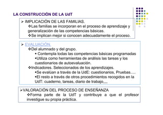LA CONSTRUCCIÓN DE LA UdT
     IMPLICACIÓN DE LAS FAMILIAS.
         Las familias se incorporan en el proceso de aprendizaje y
       generalización de las competencias básicas.
         Se implican mejor si conocen adecuadamente el proceso.

     EVALUACIÓN.
       Del alumnado y del grupo.
           Contempla todas las competencias básicas programadas
          Utiliza como herramientas de análisis las tareas y los
         cuestionarios de autoevaluación.
       Indicadores. Seleccionados de los aprendizajes.
          Se evalúan a través de la UdE: cuestionarios, Pruebas.....
          El resto a través de otros procedimientos recogidos en la
         UdT: cuaderno, tareas, diario de trabajo,,,,

    VALORACIÓN DEL PROCESO DE ENSEÑANZA
        Forma parte de la UdT y contribuye a que el profesor
      investigue su propia práctica.
 