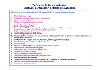 Definición de los aprendizajes:
                   objetivos, contenidos y criterios de evaluación.
Al terminar las tareas programadas en la UdT cada una de las personas será competente para:

1.    Definir objetivos y metas.
2.    Distribuir un proceso en fases, tareas y responsables.
3.    Exponer y formular hipótesis.
4.    Utilizar la observación y la experimentación
5.    Formular y resolver de problemas
6.    Usar el vocabulario específico.
7.    Comprender las dificultades que pueden surgir entre ciencia, mentalidad y sociedad.
8.    Usar técnicas de registro y representación gráfica y numérica.
9.    Analizar causas interrelaciones y riesgos.
10.   Comparación y clasificación de materiales.
11.   Valorar el trabajo científico como un proceso en continua construcción para buscar y estudiar alternativas a
      problemas de la actualidad.
12.   Usar herramientas TIC para consultar, desarrollar, elaborar y presentar el trabajo.
13.   Consultar bibliografía para obtener información.
14.   Tomar decisiones.
15.   Participar en debates utilizando argumentos y respetando opiniones.
16.   Aceptar a todos los componentes del grupo.
17.   Respetar a los otros y las opiniones de los demás
18.   Colaborar en las tareas de grupo.
19.   Practicar las tareas de forma responsable.
20.   Tener expectativas positivas hacia el trabajo del grupo
21.   Identificación de las motivaciones.
22.   Comunicar conclusiones de forma organizada y clara. (Presentar de forma clara y ordenada)
23.   Valorar el trabajo desarrollado desde el esfuerzo realizado.
24.   Autoevaluar y proponer mejoras.
 
