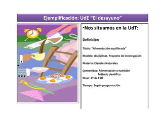 Ejemplificación: UdE “El desayuno”
                •Nos situamos en la UdT:

                Definición

                Título: “Alimentación equilibrada”

                Modelo: disciplinar. Proyecto de investigación

                Materia: Ciencias Naturales

                Contenidos: Alimentación y nutrición
                             Método científico
                Nivel: 2º de ESO

                Tiempo: Según programación
 