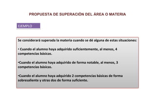 PROPUESTA DE SUPERACIÓN DEL ÁREA O MATERIA


EJEMPLO


Se considerará superada la materia cuando se dé alguna de estas situaciones:

• Cuando el alumno haya adquirido suficientemente, al menos, 4
competencias básicas.

•Cuando el alumno haya adquirido de forma notable, al menos, 3
competencias básicas.

•Cuando el alumno haya adquirido 2 competencias básicas de forma
sobresaliente y otras dos de forma suficiente.
 
