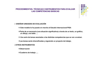 PROCEDIMIENTOS, TÉCNICAS E INSTRUMENTOS PARA EVALUAR
             LAS COMPETENCIAS BÁSICAS




DISEÑAR UNIDADES DE EVALUACIÓN

    Este modelo lo ha puesto en marcha el Estudio Internacional PISA

    Parte de un escenario (una situación significativa) a través de un texto, un gráfico,
    un dibujo, una tabla ….

    Una serie de tareas asociados a las distintas competencias que se van a evaluar.

    Las tareas serán diversificadas y siguiendo un proyecto de trabajo.

OTROS INSTRUMENTOS

    Observación

    Cuaderno de trabajo ….
 