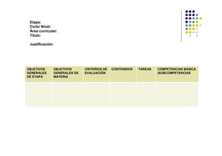 Etapa:
 Ciclo/ Nivel:
 Área curricular:
 Título:

 Justificación:




OBJETIVOS         OBJETIVOS      CRITERIOS DE   CONTENIDOS   TAREAS   COMPETENCIAS BÁSICA
GENERALES         GENERALES DE   EVALUACIÓN                           (SUBCOMPETENCIAS
DE ETAPA          MATERIA
 
