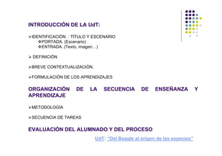 INTRODUCCIÓN DE LA UdT:

 IDENTIFICACIÓN : TÍTULO Y ESCENARIO
     PORTADA. (Escenario)
     ENTRADA. (Texto, imagen…)

 DEFINICIÓN

 BREVE CONTEXTUALIZACIÓN.

 FORMULACIÓN DE LOS APRENDIZAJES

ORGANIZACIÓN       DE    LA    SECUENCIA        DE    ENSEÑANZA           Y
APRENDIZAJE

 METODOLOGÍA

 SECUENCIA DE TAREAS

EVALUACIÓN DEL ALUMNADO Y DEL PROCESO
                            UdT: “Del Beagle al origen de las especies”
 