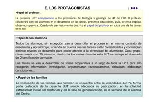 E. LOS PROTAGONISTAS
•Papel del profesor.
La presente UdT compromete a los profesores de Biología y geología de 4º de ESO El profesor
colaborará con los alumnos en el desarrollo de las tareas, presenta situaciones, guía, orienta, explica,
observa, supervisa...Quedando perfectamente descrito el papel del profesor en cada una de las tareas
de la UdT


•Papel de los alumnos
Todos los alumnos, sin excepción van a desarrollar el proceso en el mismo contexto de
enseñanza y aprendizaje, teniendo en cuenta que las tareas están diversificadas y contemplan
distintos niveles de desarrollo para poder atender a la diversidad del alumnado. Cada grupo-
clase cuenta con 25 alumnos, dentro de los cuales durante esta UdT se incluye el alumnado
de Diversificación curricular.
Las tareas se van a desarrollar de forma cooperativa a lo largo de toda la UdT para ello
recogerán información, investigarán, argumentarán razonadamente, debatirán, elaborarán
conclusiones...

•.Papel de las familias
La implicación de las familias, que también se encuentra entre las prioridades del PE, forma
parte destacada de la presente UdT siendo adecuada su participación, en la actividad
extraescolar inicial del cineforum y en la fase de generalización, en la semana de la Ciencia
del Centro.
 