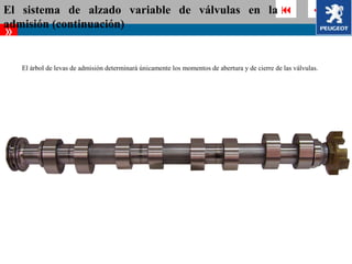 El sistema de alzado variable de válvulas en la                                                                
admisión (continuación)
»

    El árbol de levas de admisión determinará únicamente los momentos de abertura y de cierre de las válvulas.
 