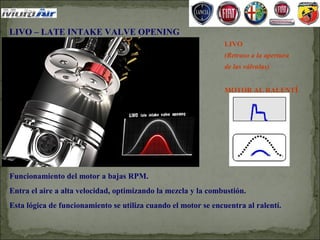 LIVO – LATE INTAKE VALVE OPENING
                                                                LIVO
                                                                (Retraso a la apertura
                                                                de las válvulas)


                                                                MOTOR AL RALENTÍ




Funcionamiento del motor a bajas RPM.
Entra el aire a alta velocidad, optimizando la mezcla y la combustión.
Esta lógica de funcionamiento se utiliza cuando el motor se encuentra al ralentí.
 