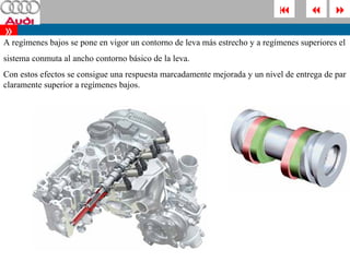              
»
A regímenes bajos se pone en vigor un contorno de leva más estrecho y a regímenes superiores el
sistema conmuta al ancho contorno básico de la leva.
Con estos efectos se consigue una respuesta marcadamente mejorada y un nivel de entrega de par
claramente superior a regímenes bajos.
 