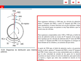                  
»


                                                    Para regímenes inferiores a 1500 rpm, las válvulas de admisión
                                                    abren 7º después del PMS y cierra 52º después del PMI. Con
                                                    estos parámetros, el motor funciona con un giro uniforme a bajas
                                                    rpm, y la emisión gases sin quemar es muy baja debido a que no
                                                    existe cruce de válvulas.


                                                    Para regímenes comprendidos entre 1500 y 5500 rpm, el árbol de
                                                    levas de admisión recibe un avance de 9º respecto al de escape.
                                                    Esto significa que las válvulas de admisión abre 8º antes del PMS
                                                    y cierran 37º después del PMI. Con este diagrama se consigue un
                                                    buen llenado de los cilindros y un aumento del par motor.


                                             A partir de 5500 rpm, el árbol de admisión vuelve a la posición
12.24. Diagramas de distribución para máxima inicial, es decir, apertura 7º después del PMS y cierra 52º después
potencia .                                   del PMI. Como vemos esto es una contrariedad, pero es debido a
                                             que la alta velocidad de entrada de los gases de la mezcla
                                             necesitan un mayor retraso al cierre de admisión. para aprovechar
                                             su inercia y lograr que entre mas cantidad de mezcla en los
                                             cilindros.
 
