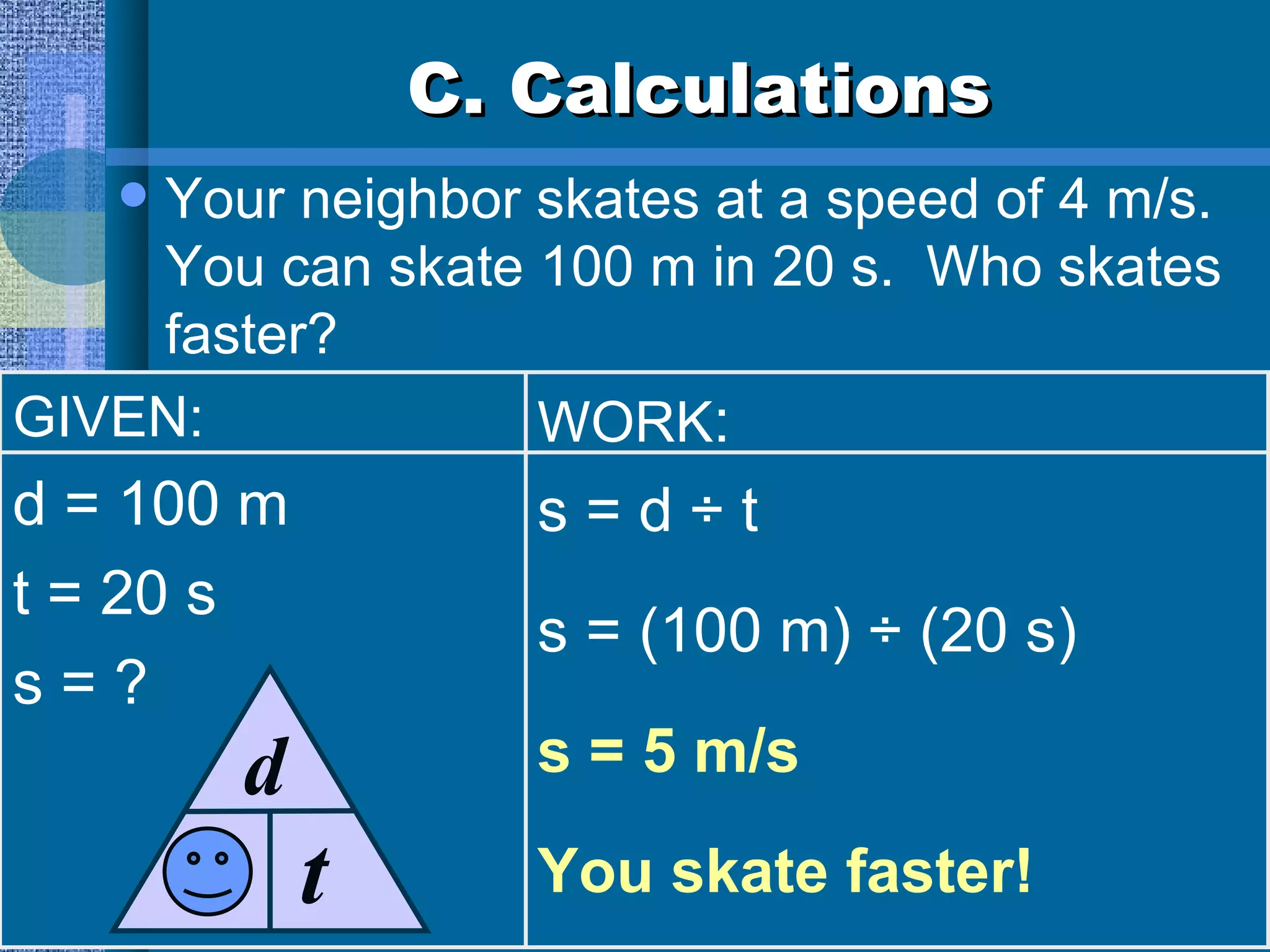 C. Calculations Your neighbor skates at a speed of 4 m/s.  You can skate 100 m in 20 s.  Who skates faster? GIVEN: d = 100 m t = 20 s s = ? WORK : s = d ÷ t s = (100 m) ÷ (20 s) s = 5 m/s You skate faster! s d t 
