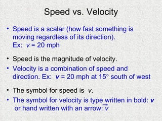 Speed vs. Velocity Speed is a scalar (how fast something is moving regardless of its direction).  Ex:  v  = 20 mph Speed is the magnitude of velocity. Velocity is a combination of speed and direction. Ex:  v  = 20 mph at 15   south of west The symbol for speed is  v . The symbol for velocity is type written in bold:  v   or hand written with an arrow:  v 