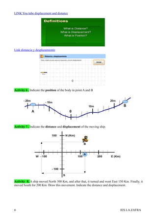 LINK You tube displacement and distance




Link distancia y desplazamiento




Activity 6 . Indicate the position of the body in point A and B




Activity 7 . Indicate the distance and displacement of the moving ship.




Activity 8. A ship moved North 300 Km, and after that, it turned and went East 150 Km. Finally, it
moved South for 200 Km. Draw this movement. Indicate the distance and displacement.




6                                                                               IES LA ZAFRA
 