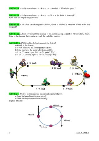 Activity 19. A body moves from s = + 4 m to s = +20 m in 8 s. What is its speed ?


Activity 20. A body moves from s = + 4 m to s = -20 m in 8 s. What is its speed?
What does the negative sign means?


Activity 21. A car takes 2 hours to get to Granada, which is located 75 Km from Motril. What was
its speed?


Activity 22. A train covers half the distance of its journey going a speed of 72 km/h for 2 hours.
What is the distance that remains to reach the end of its journey.


Activity 23 . a) Which of the following cars is the fastest?
       b) Which is the slowest?
       c) Which cars have the same speed as car B?
       d) What cars have the same velocity as car B ?.
       e) Is car D's speed equal than car G's speed? Why?
       e) Is car D's velocity equal to car G's velocity? Why?



a) Calculate the amount of energy that requires 30 kg of water to increase its temperature from 10 ° C
to 40 ° C. Indicate the type of energy received.




Over the years, scientists have discovered several rules or laws that explain motion and the causes of
changes in motion. There are also special laws when you reach the speed of light or when physicists
look at very small things like atoms.




Activity 24 . A ball is spinning as you can see in the picture below.
       a) Does it always have the same speed?
       a) Does it always have the same velocity?
Explain it briefly.




9                                                                                   IES LA ZAFRA
 
