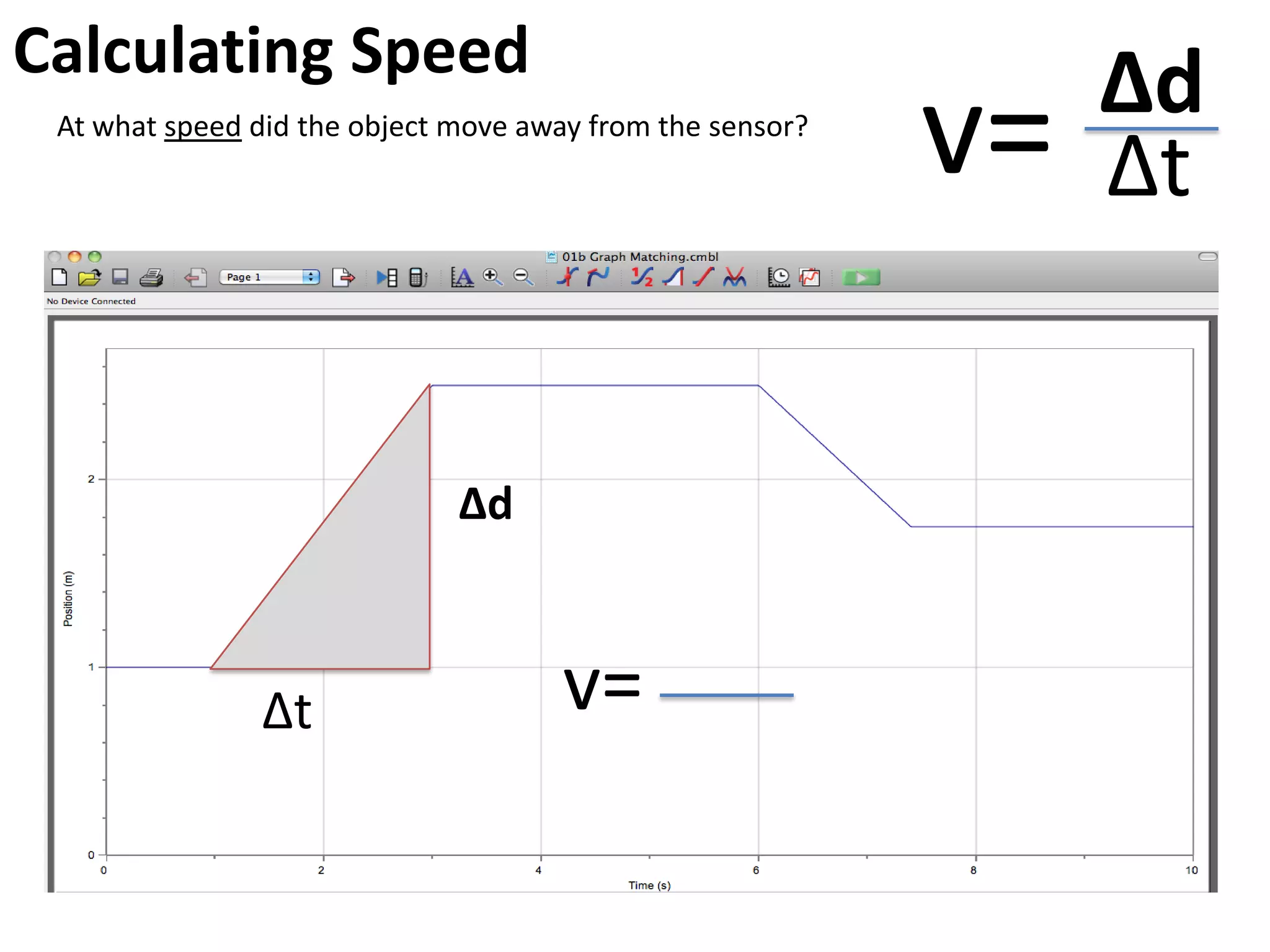 Calculating Speed
                                                                Δd
 At what speed did the object move away from the sensor?
                                                           v=   Δt


                              Δd



               Δt                     v=
 