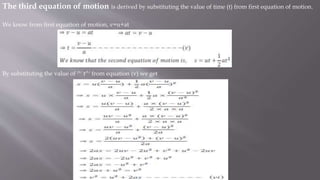 The third equation of motion is derived by substituting the value of time (t) from first equation of motion.
We know from first equation of motion, v=u+at
By substituting the value of ^' t^' from equation (v) we get
 