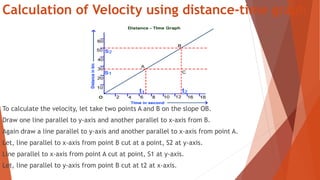 Calculation of Velocity using distance-time graph
To calculate the velocity, let take two points A and B on the slope OB.
Draw one line parallel to y-axis and another parallel to x-axis from B.
Again draw a line parallel to y-axis and another parallel to x-axis from point A.
Let, line parallel to x-axis from point B cut at a point, S2 at y-axis.
Line parallel to x-axis from point A cut at point, S1 at y-axis.
Let, line parallel to y-axis from point B cut at t2 at x-axis.
 
