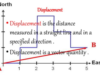 Displacement
•Displacement is the distance
measured in a straight line and in a
specified direction .
•Displacement is a vector quantity .
 