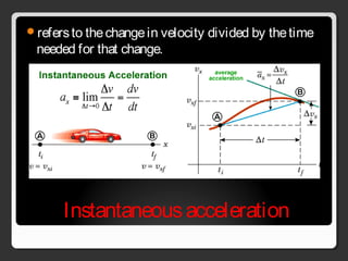 Instantaneousacceleration
refersto thechangein velocity divided by thetime
needed for that change.
 