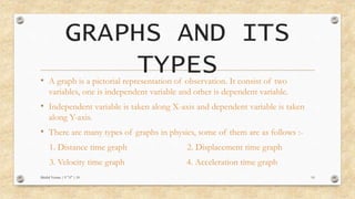 GRAPHS AND ITS
TYPES• A graph is a pictorial representation of observation. It consist of two
variables, one is independent variable and other is dependent variable.
• Independent variable is taken along X-axis and dependent variable is taken
along Y-axis.
• There are many types of graphs in physics, some of them are as follows :-
1. Distance time graph 2. Displacement time graph
3. Velocity time graph 4. Acceleration time graph
Mridul Verma | 9 "A" | 10 10
 