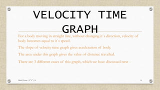 VELOCITY TIME
GRAPH
Mridul Verma | 9 "A" | 10 16
For a body moving in straight line, without changing it`s direction, velocity of
body becomes equal to it`s speed.
The slope of velocity time graph gives acceleration of body.
The area under this graph gives the value of distance travelled.
There are 3 different cases of this graph, which we have discussed next -
 