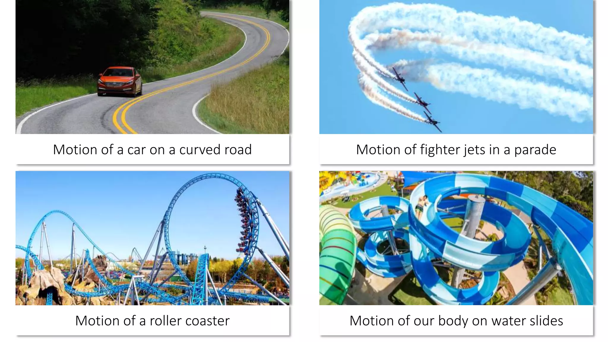 Motion of a car on a curved road
Motion of a roller coaster
Motion of fighter jets in a parade
Motion of our body on water slides
 