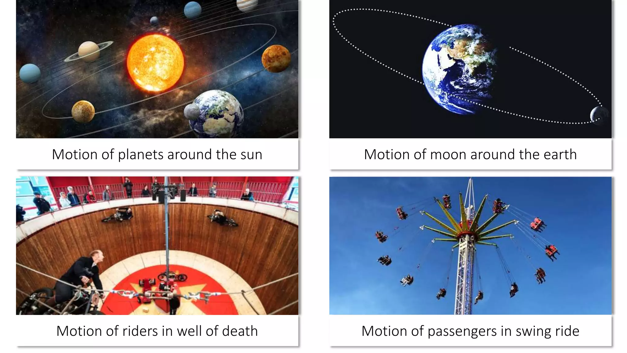 Motion of planets around the sun
Motion of riders in well of death
Motion of moon around the earth
Motion of passengers in swing ride
 