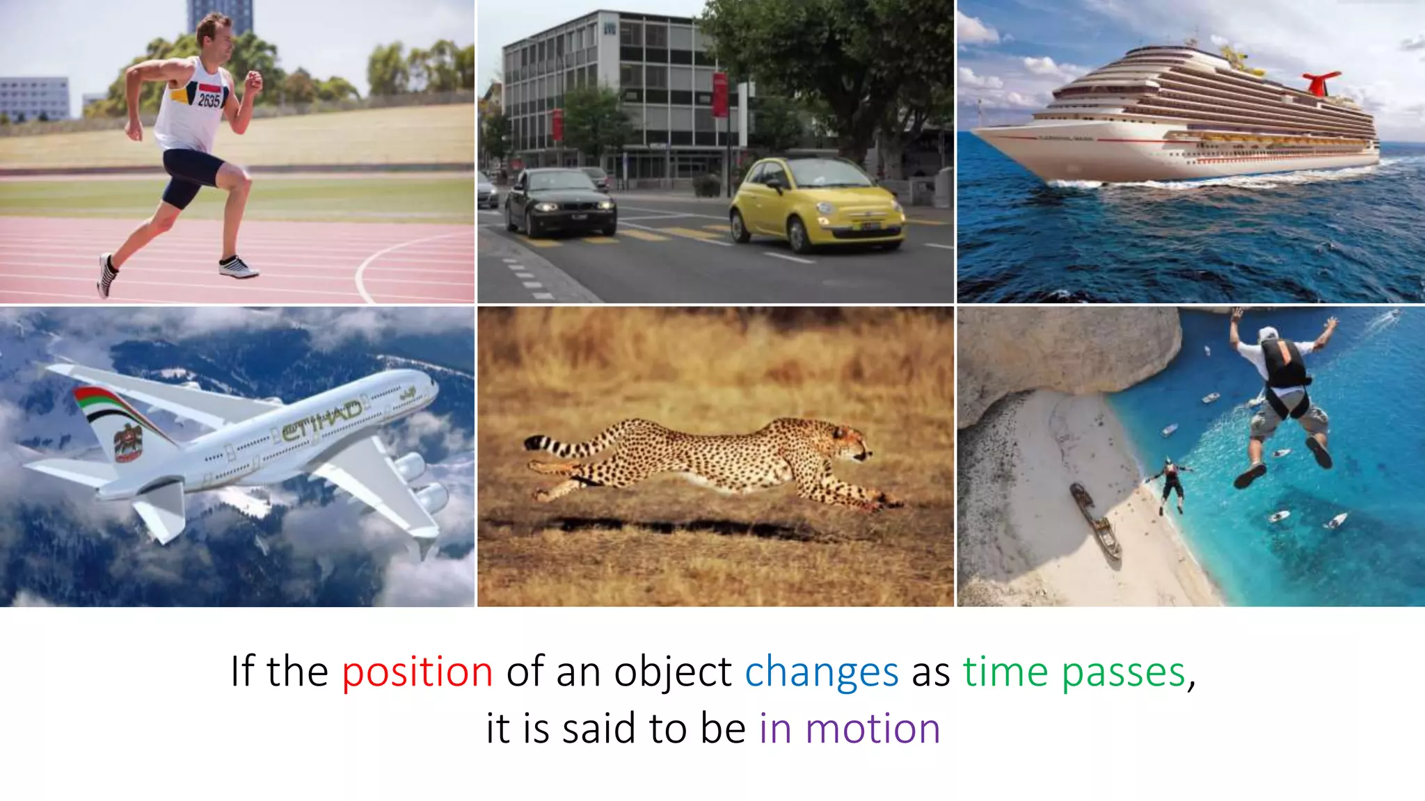 If the position of an object changes as time passes,
it is said to be in motion
 