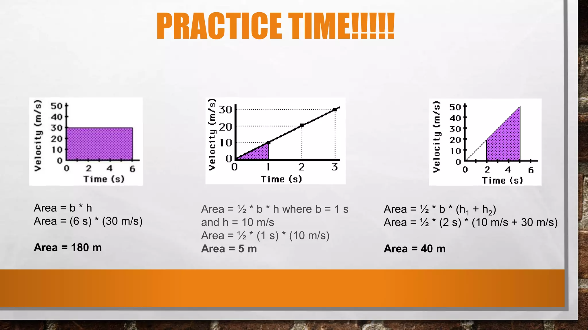 PRACTICE TIME!!!!!
Area = ½ * b * h where b = 1 s
and h = 10 m/s
Area = ½ * (1 s) * (10 m/s)
Area = 5 m
Area = ½ * b * (h1 + h2)
Area = ½ * (2 s) * (10 m/s + 30 m/s)
Area = 40 m
Area = b * h
Area = (6 s) * (30 m/s)
Area = 180 m
 