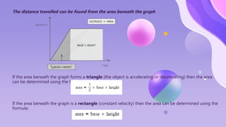 The distance travelled can be found from the area beneath the graph
If the area beneath the graph forms a triangle (the object is accelerating or decelerating) then the area
can be determined using the formula:
If the area beneath the graph is a rectangle (constant velocity) then the area can be determined using the
formula:
 