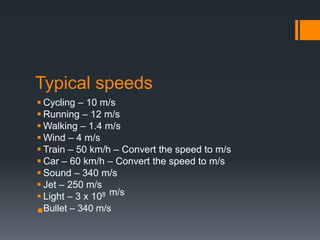 Typical speeds
 Cycling – 10 m/s
 Running – 12 m/s
 Walking – 1.4 m/s
 Wind – 4 m/s
 Train – 50 km/h – Convert the speed to m/s
 Car – 60 km/h – Convert the speed to m/s
 Sound – 340 m/s
 Jet – 250 m/s
 Light – 3 x 108 m/s
Bullet – 340 m/s
 