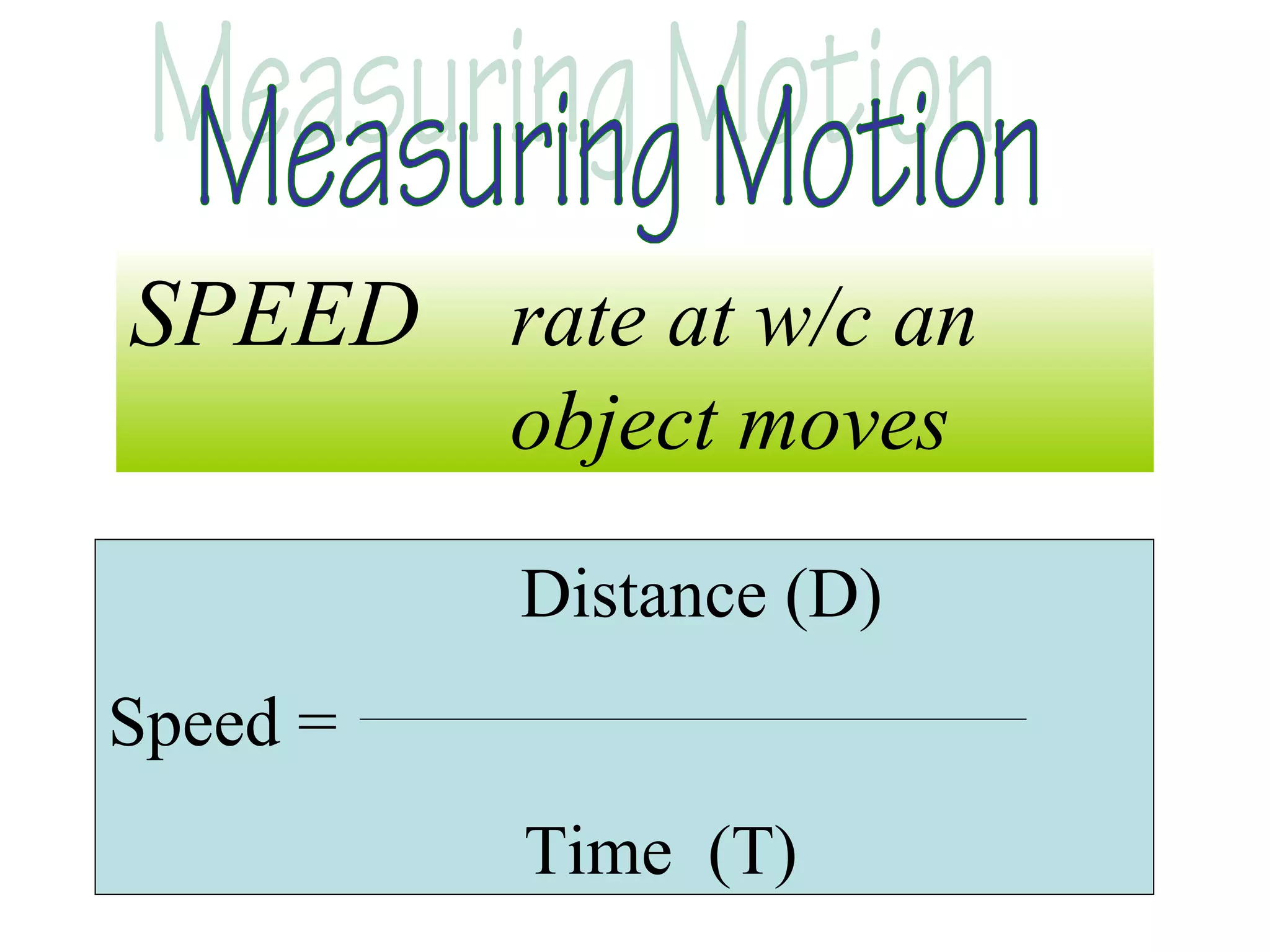 SPEED rate at w/c an
object moves
Distance (D)
Speed =
Time (T)
 