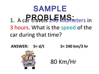 SAMPLE
PROBLEMS:1. A car travels 240 kilometers in
3 hours. What is the speed of the
car during that time?
ANSWER: S= d/t S= 240 km/3 hr
80 Km/Hr
 