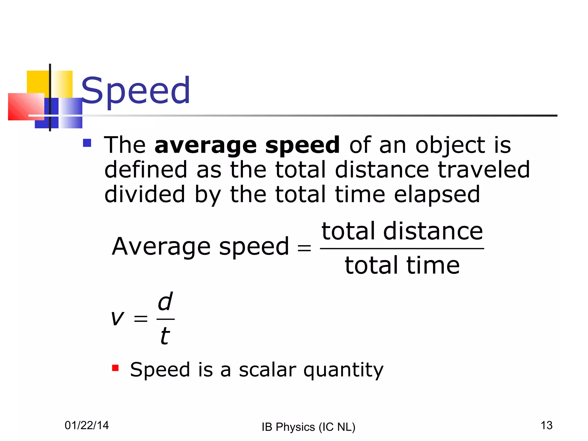 Speed


The average speed of an object is
defined as the total distance traveled
divided by the total time elapsed

total distance
Average speed =
total time
d
v =
t


01/22/14

Speed is a scalar quantity
IB Physics (IC NL)

13

 