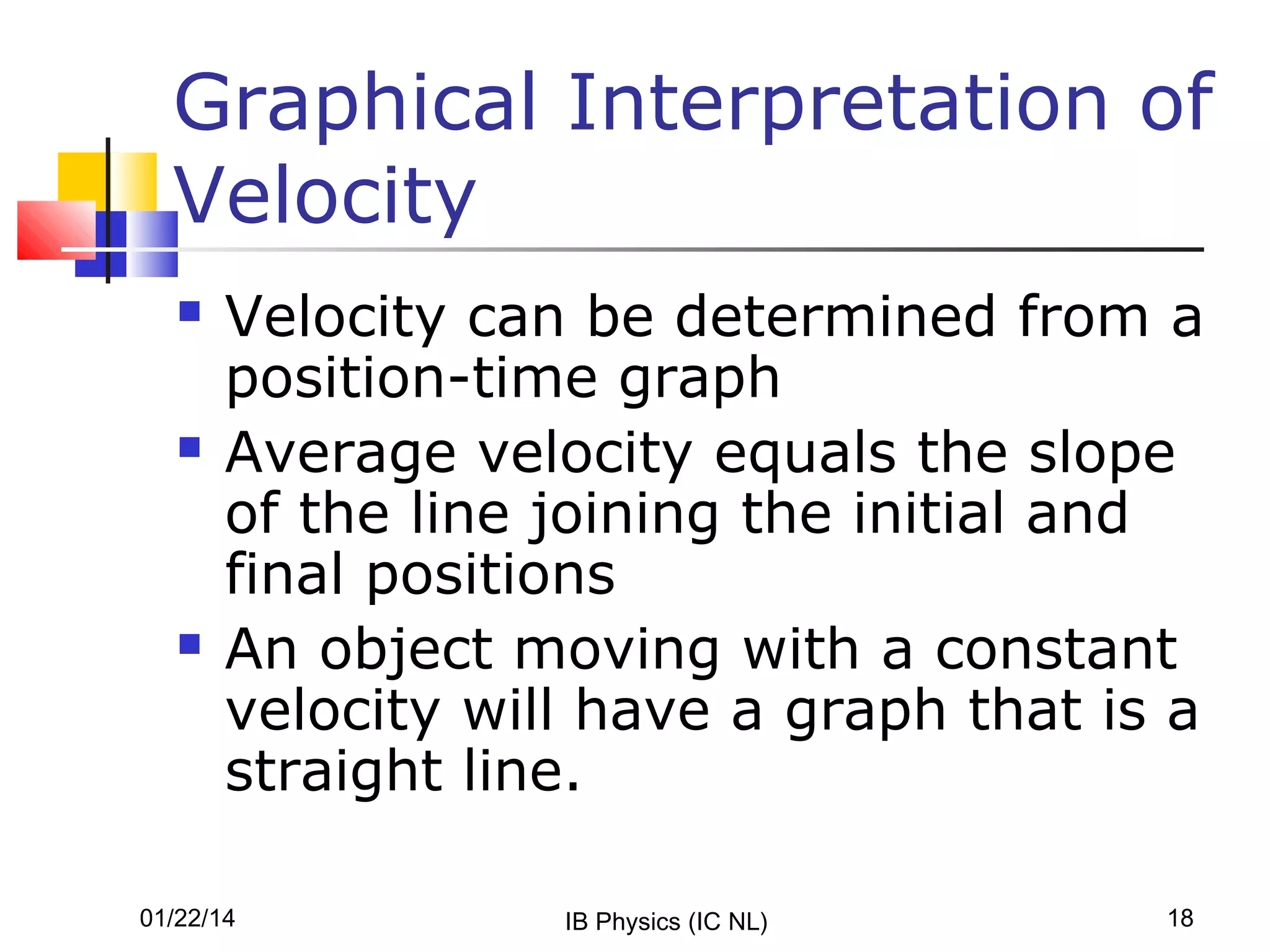Graphical Interpretation of
Velocity






Velocity can be determined from a
position-time graph
Average velocity equals the slope
of the line joining the initial and
final positions
An object moving with a constant
velocity will have a graph that is a
straight line.

01/22/14

IB Physics (IC NL)

18

 
