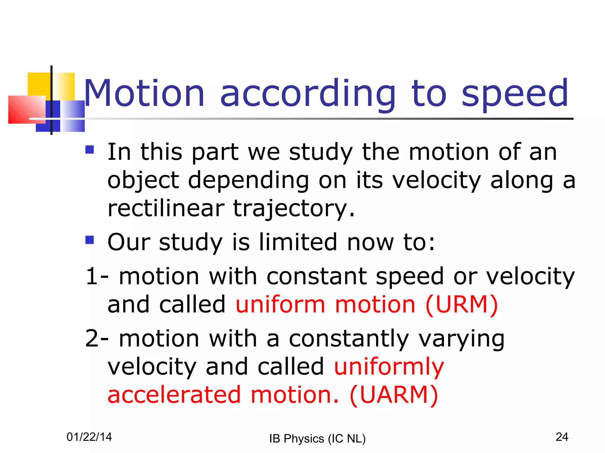Motion according to speed
In this part we study the motion of an
object depending on its velocity along a
rectilinear trajectory.
 Our study is limited now to:
1- motion with constant speed or velocity
and called uniform motion (URM)
2- motion with a constantly varying
velocity and called uniformly
accelerated motion. (UARM)


01/22/14

IB Physics (IC NL)

24

 